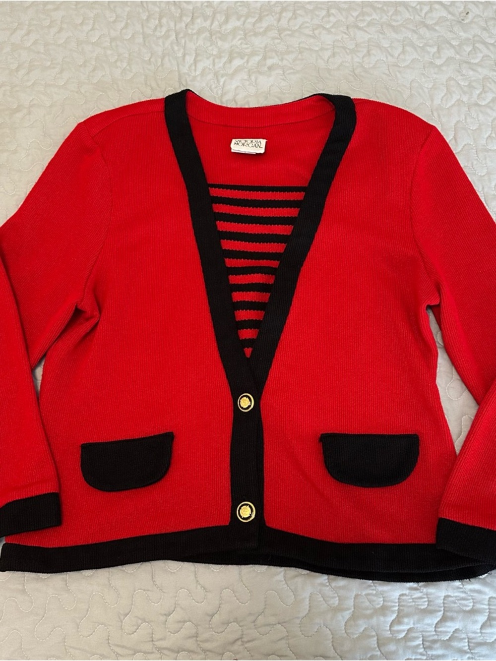 Vintage Made in USA Red & Black Striped Detail Women’s Long Sleeve Knit Top